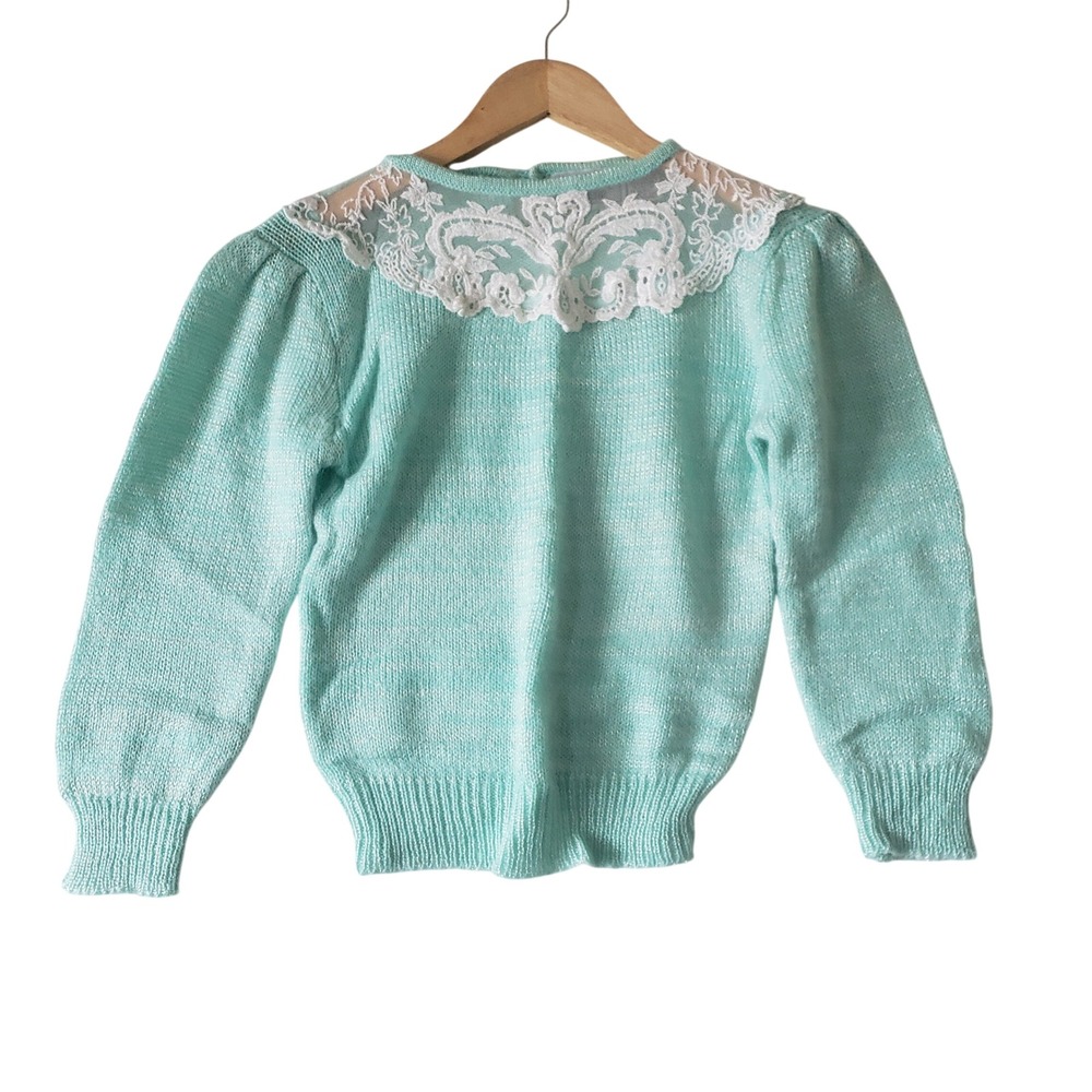 Vintage 80s Sweater Womens Small Aqua Blue Lace Collar Puff Sleeve Knit Romantic
